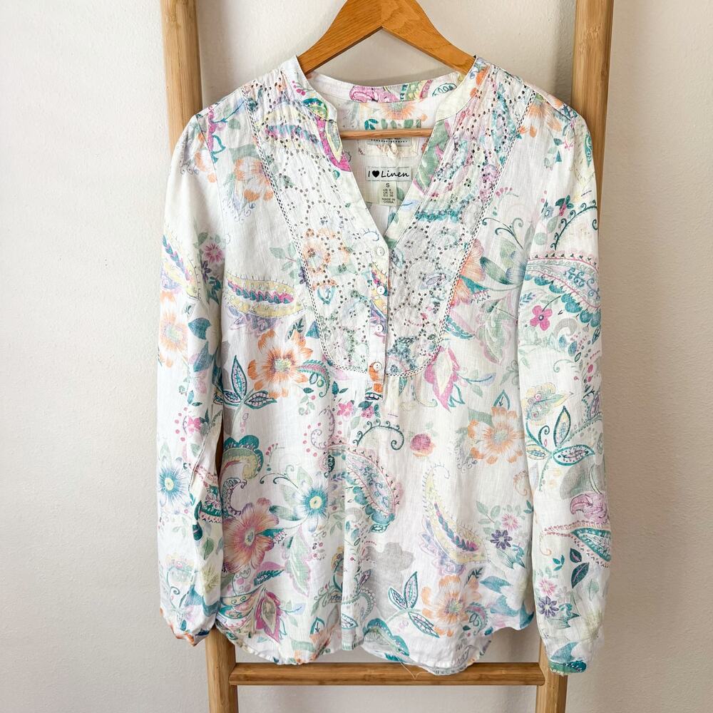 Malvin I Love Linen Floral Paisley Boho Button Blouse White Small